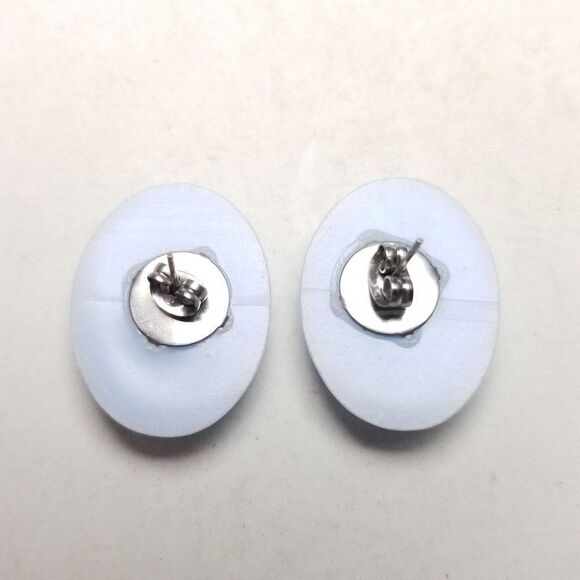 Vintage Light Blue Plastic Oval Stud Earrings, Tiered Design Edges, 80s Style - Picture 3 of 5